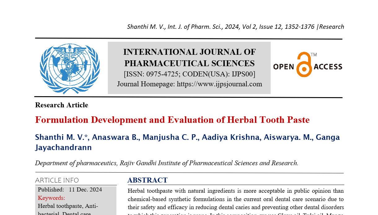 Formulation Development and Evaluation of Herbal Tooth Paste   