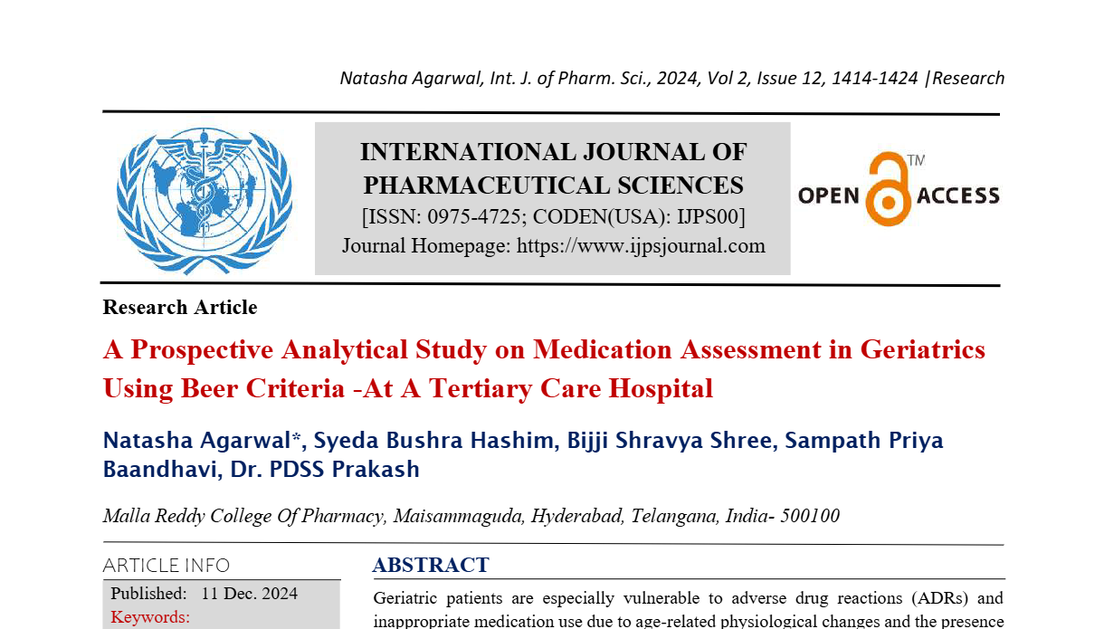 A Prospective Analytical Study on Medication Assessment in Geriatrics Using Beer Criteria -At A Tertiary Care Hospital   