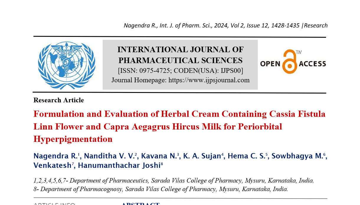 Formulation and Evaluation of Herbal Cream Containing Cassia Fistula Linn Flower and Capra Aegagrus Hircus Milk for Periorbital Hyperpigmentation