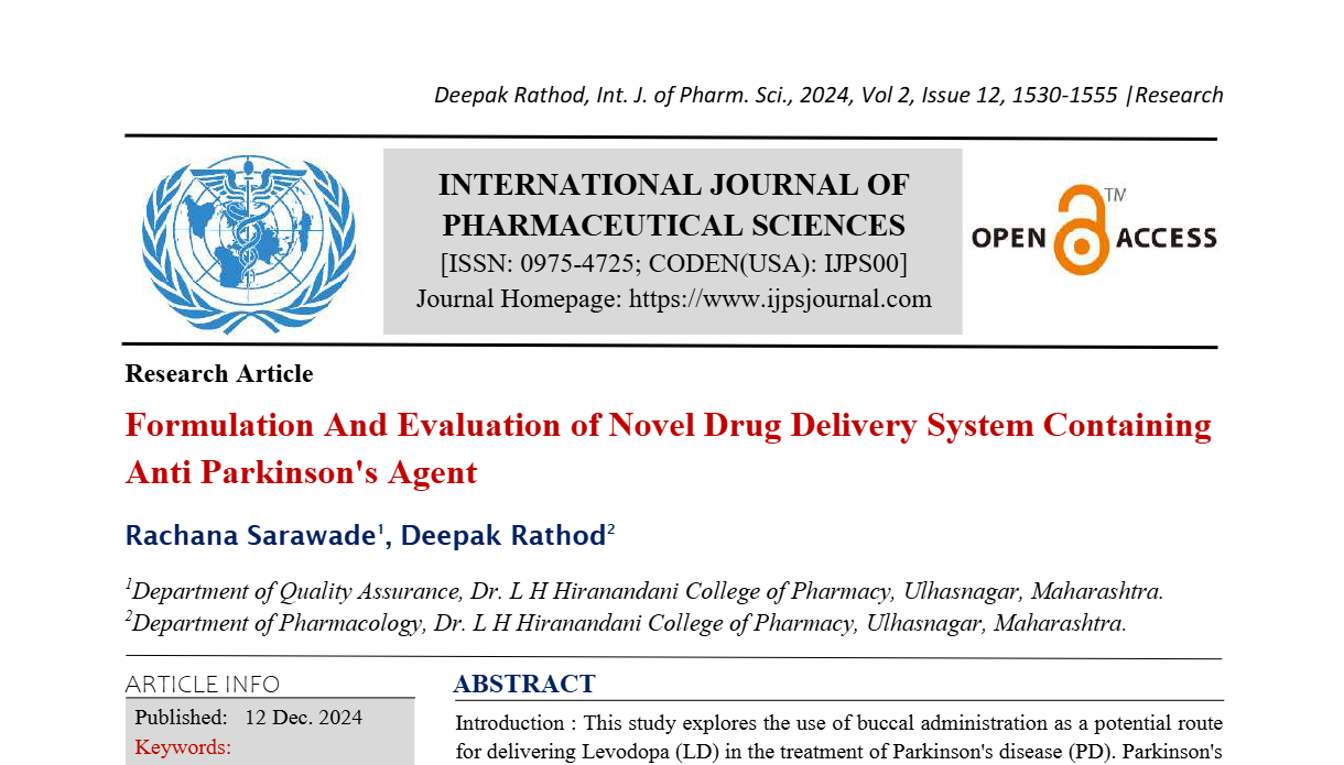 Formulation And Evaluation of Novel Drug Delivery System Containing Anti Parkinson's Agent