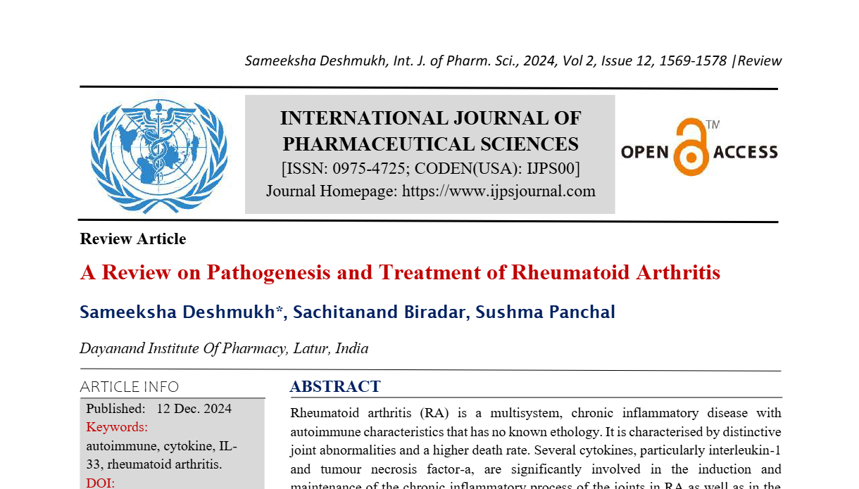 A Review on Pathogenesis and Treatment of Rheumatoid Arthritis  