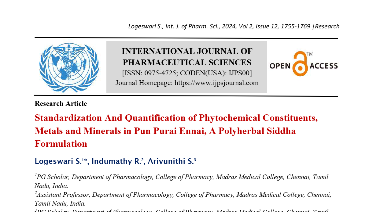 Standardization And Quantification of Phytochemical Constituents, Metals and Minerals in Pun Purai Ennai, A Polyherbal Siddha Formulation