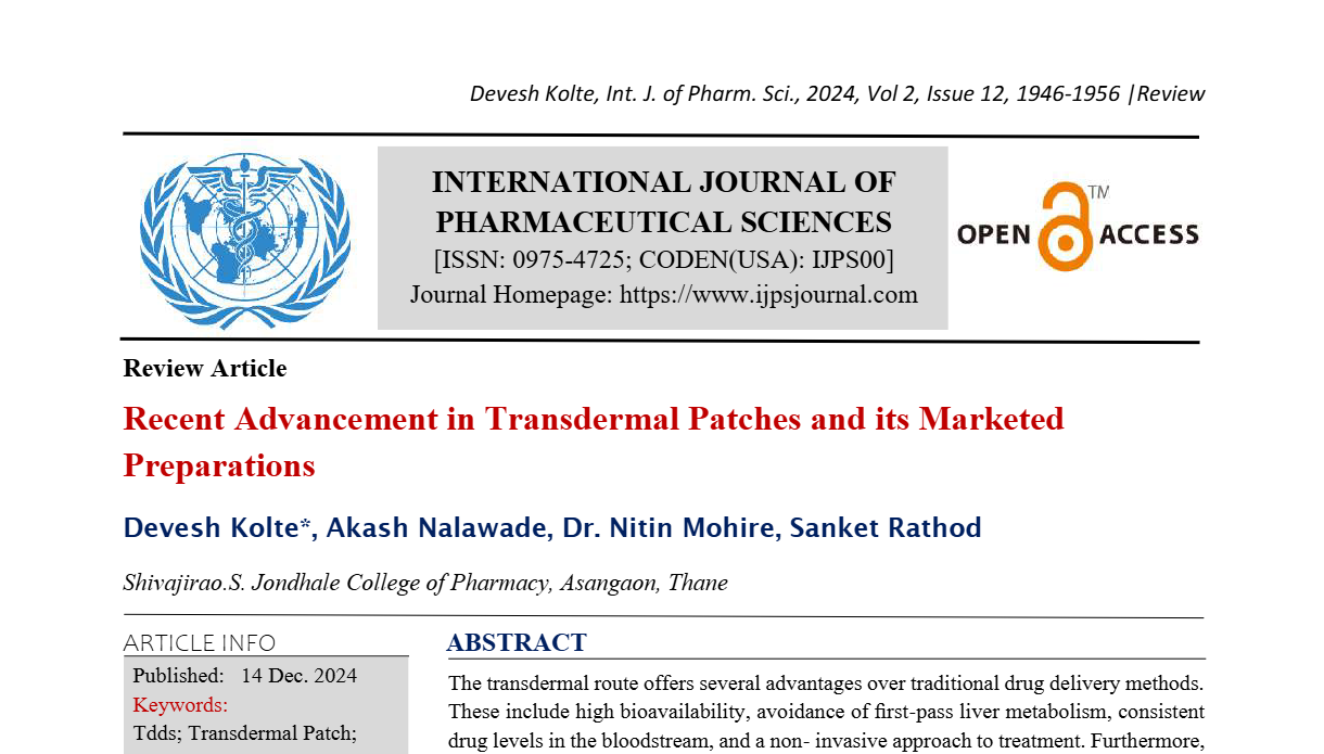 Recent Advancement in Transdermal Patches and its Marketed Preparations 