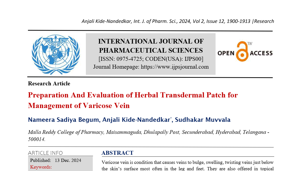 Preparation And Evaluation of Herbal Transdermal Patch for Management of Varicose Vein