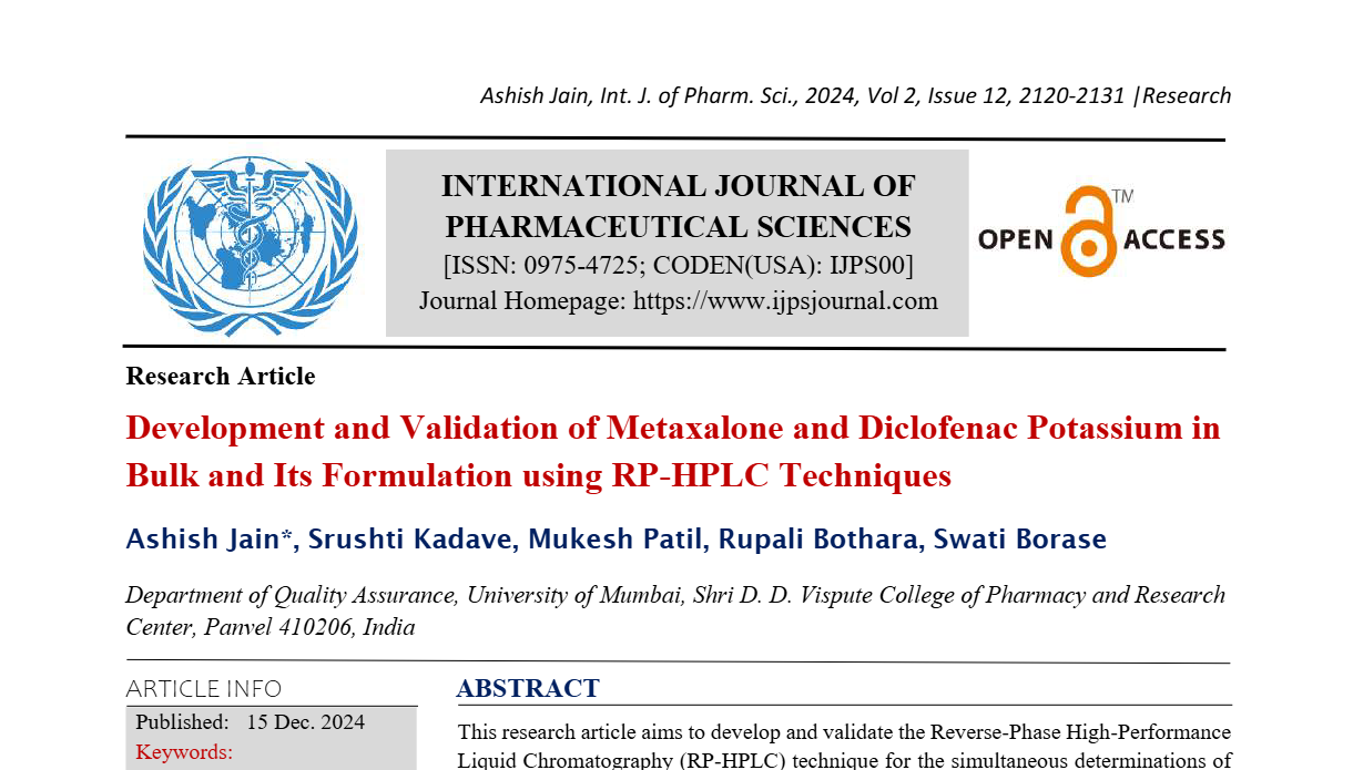 Development and Validation of Metaxalone and Diclofenac Potassium in Bulk and Its Formulation using RP-HPLC Techniques  