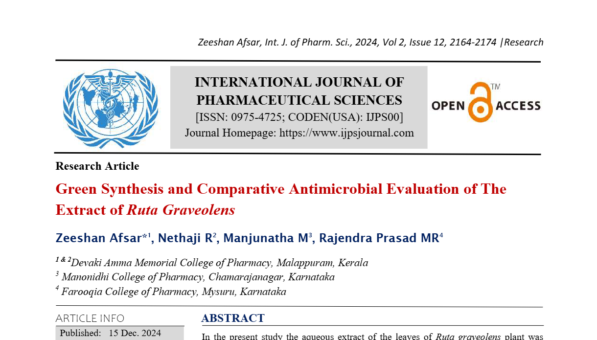 Green Synthesis and Comparative Antimicrobial Evaluation of The Extract of Ruta Graveolens  