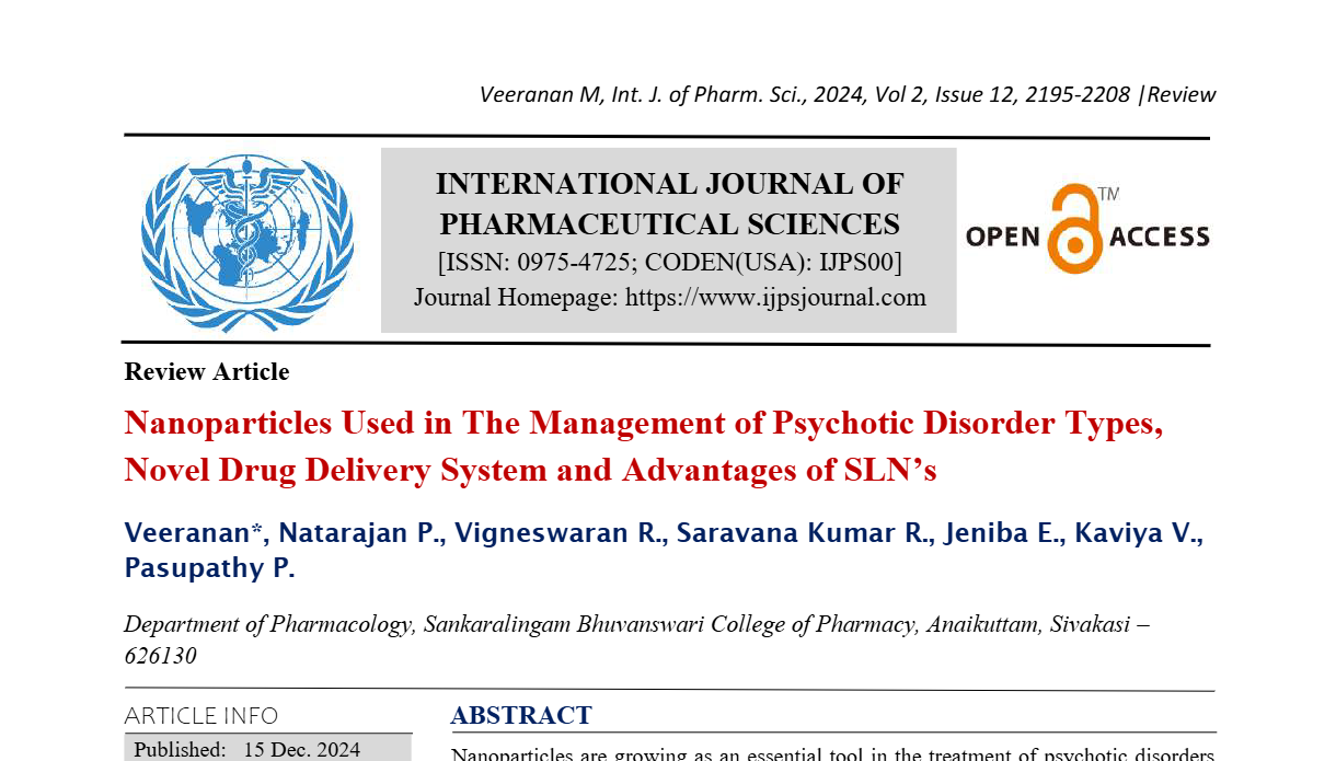 Nanoparticles Used in The Management of Psychotic Disorder Types, Novel Drug Delivery System and Advantages of SLN’s  