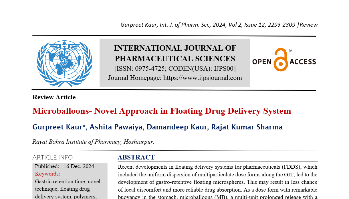 Microballoons- Novel Approach in Floating Drug Delivery System  