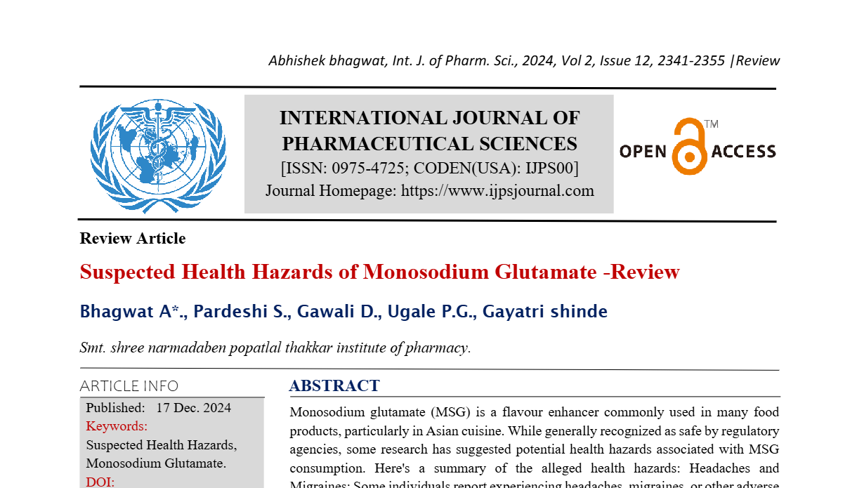 Suspected Health Hazards of Monosodium Glutamate -Review  