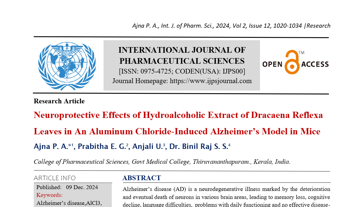 Neuroprotective Effects of Hydroalcoholic Extract of Dracaena Reflexa Leaves in An Aluminum Chloride-Induced Alzheimer’s Model in Mice