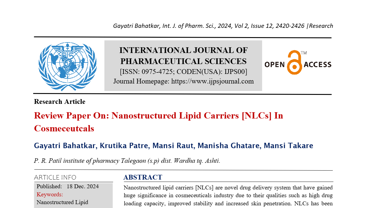 Review Paper On: Nanostructured Lipid Carriers [NLCs] In Cosmeceutcals  