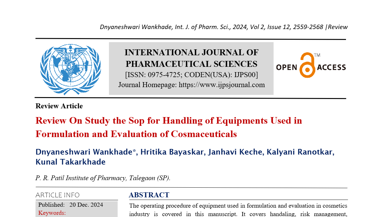 Review On Study the Sop for Handling of Equipments Used in Formulation and Evaluation of Cosmaceuticals