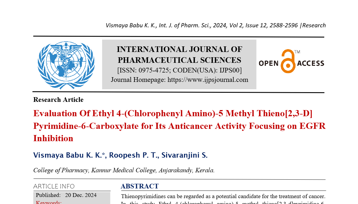 Evaluation Of Ethyl 4-(Chlorophenyl Amino)-5 Methyl Thieno[2,3-D] Pyrimidine-6-Carboxylate for Its Anticancer Activity Focusing on EGFR Inhibition  