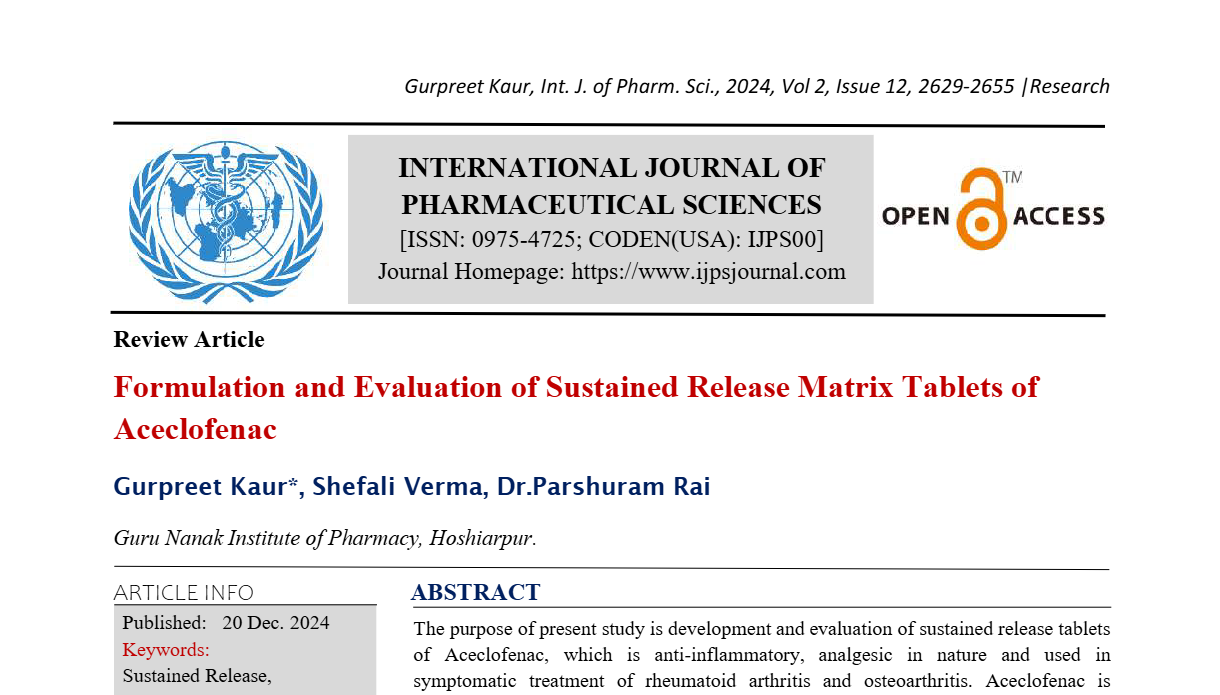 Formulation and Evaluation of Sustained Release Matrix Tablets of Aceclofenac