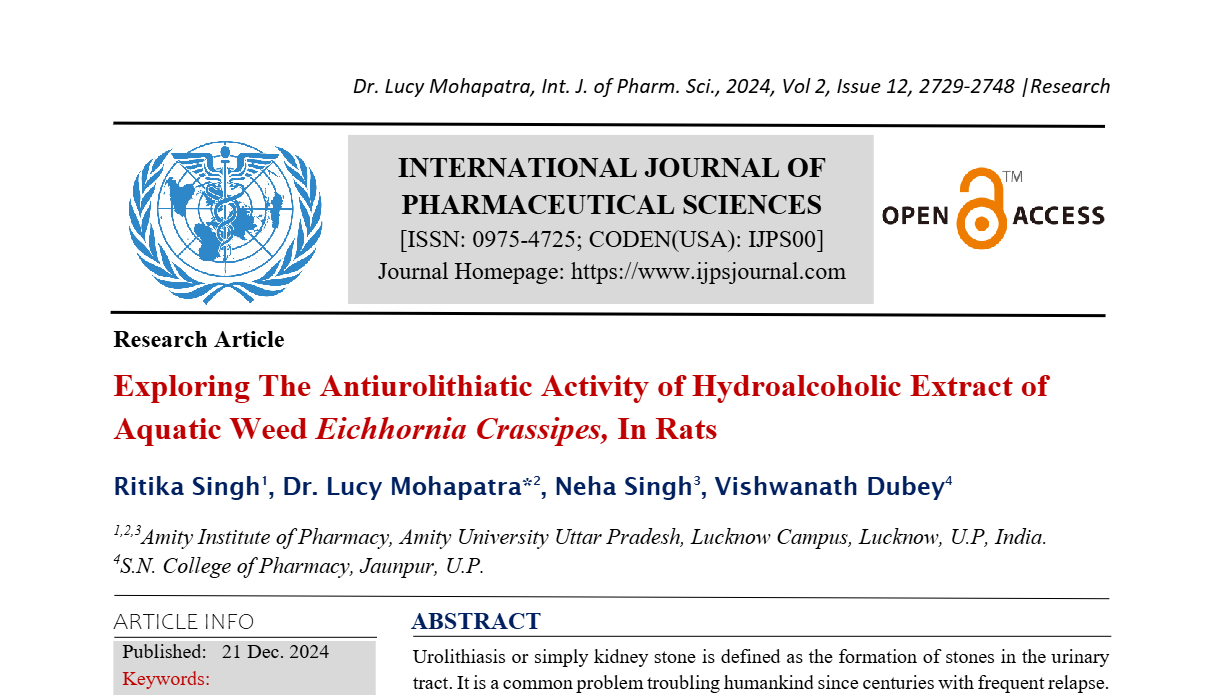 Exploring The Antiurolithiatic Activity of Hydroalcoholic Extract of Aquatic Weed Eichhornia Crassipes, In Rats