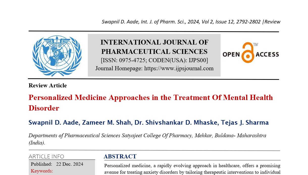 Personalized Medicine Approaches in the Treatment Of Mental Health Disorder