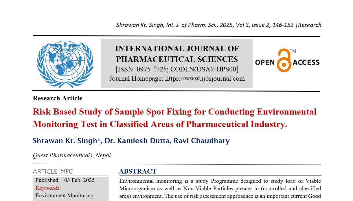 Risk Based Study of Sample Spot Fixing for Conducting Environmental Monitoring Test in Classified Areas of Pharmaceutical Industry. 