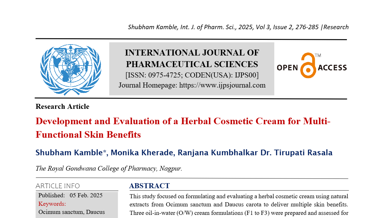 Development and Evaluation of a Herbal Cosmetic Cream for Multi-Functional Skin Benefits 