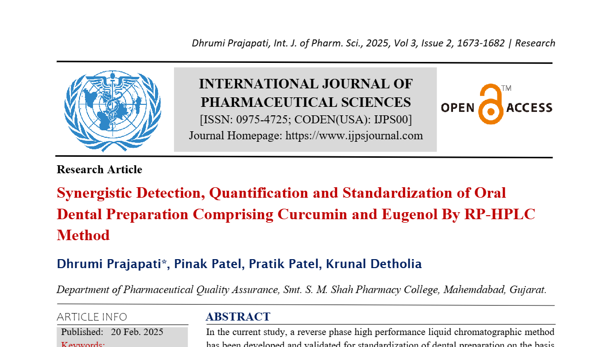 Synergistic Detection, Quantification and Standardization of Oral Dental Preparation Comprising Curcumin and Eugenol By RP-HPLC Method