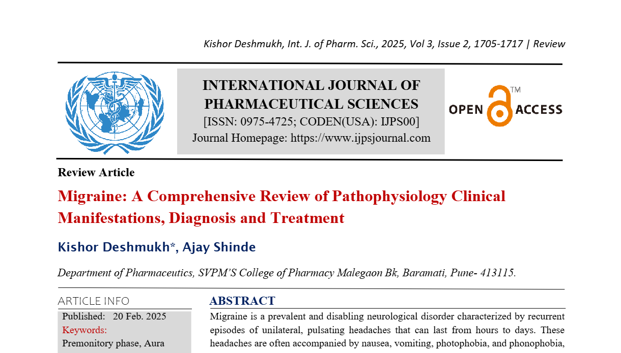 Migraine: A Comprehensive Review of Pathophysiology Clinical Manifestations, Diagnosis and Treatment