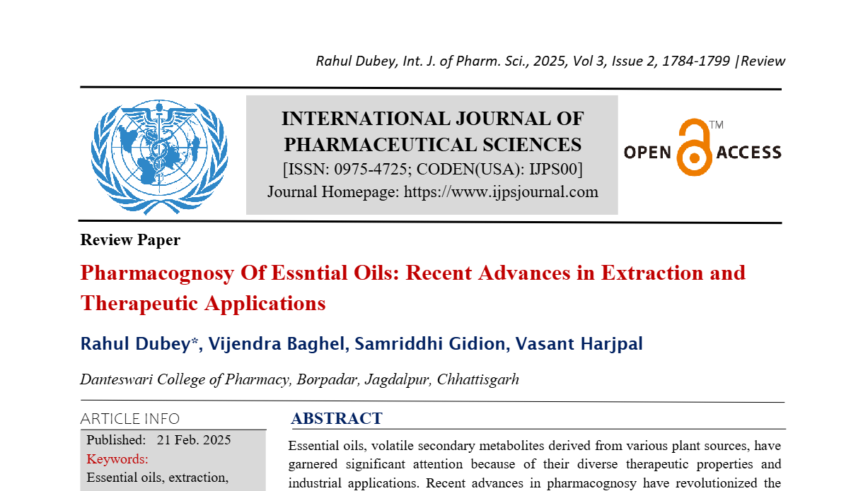 Pharmacognosy Of Essntial Oils: Recent Advances in Extraction and Therapeutic Applications