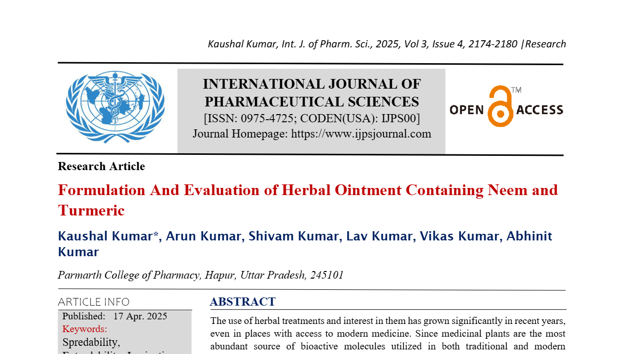 Formulation And Evaluation of Herbal Ointment Containing Neem and Turmeric 