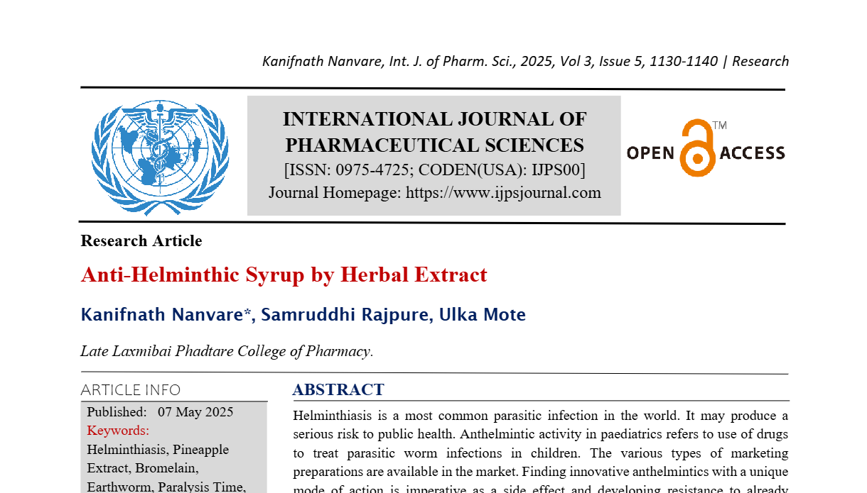 Anti-Helminthic Syrup by Herbal Extract | IJPS Journal