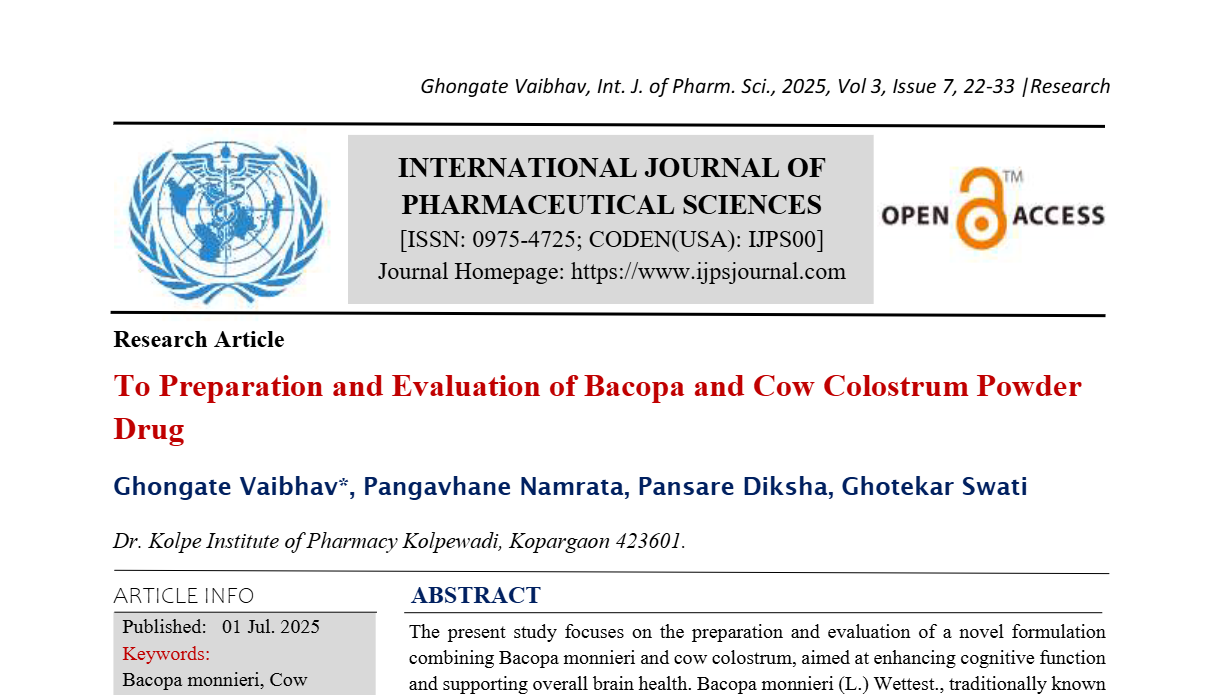 To Preparation and Evaluation of Bacopa and Cow Colostrum Powder Drug