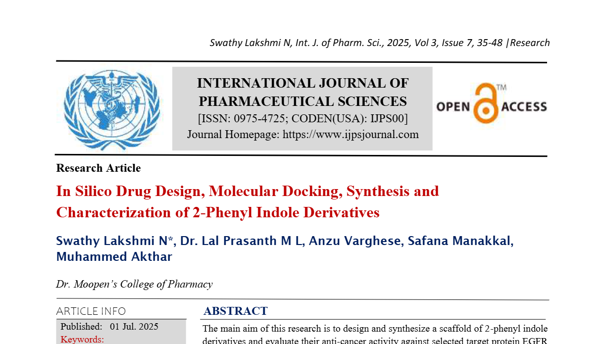 In Silico Drug Design, Molecular Docking, Synthesis and Characterization of 2-Phenyl Indole Derivatives