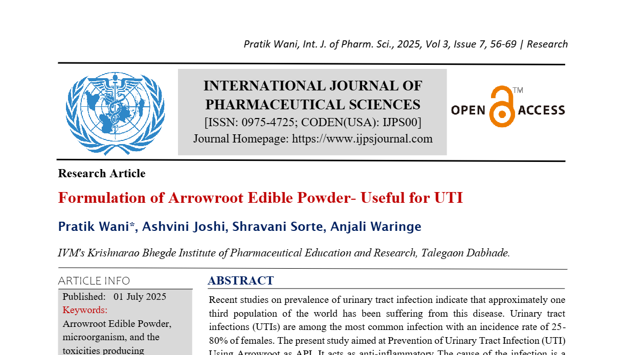 Formulation of Arrowroot Edible Powder- Useful for UTI