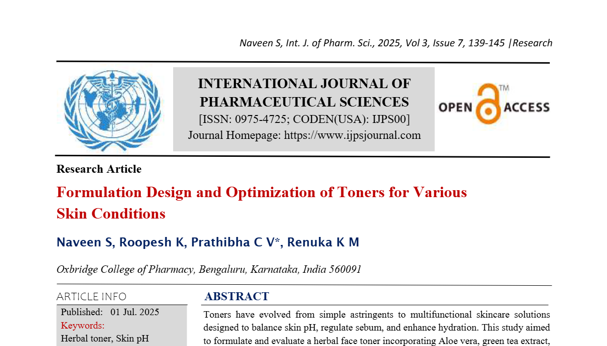 Formulation Design and Optimization of Toners for Various Skin Conditions