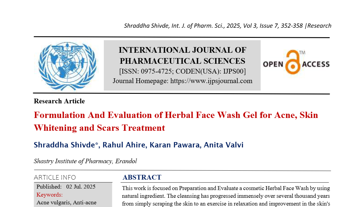 Formulation And Evaluation of Herbal Face Wash Gel for Acne, Skin Whitening and Scars Treatment