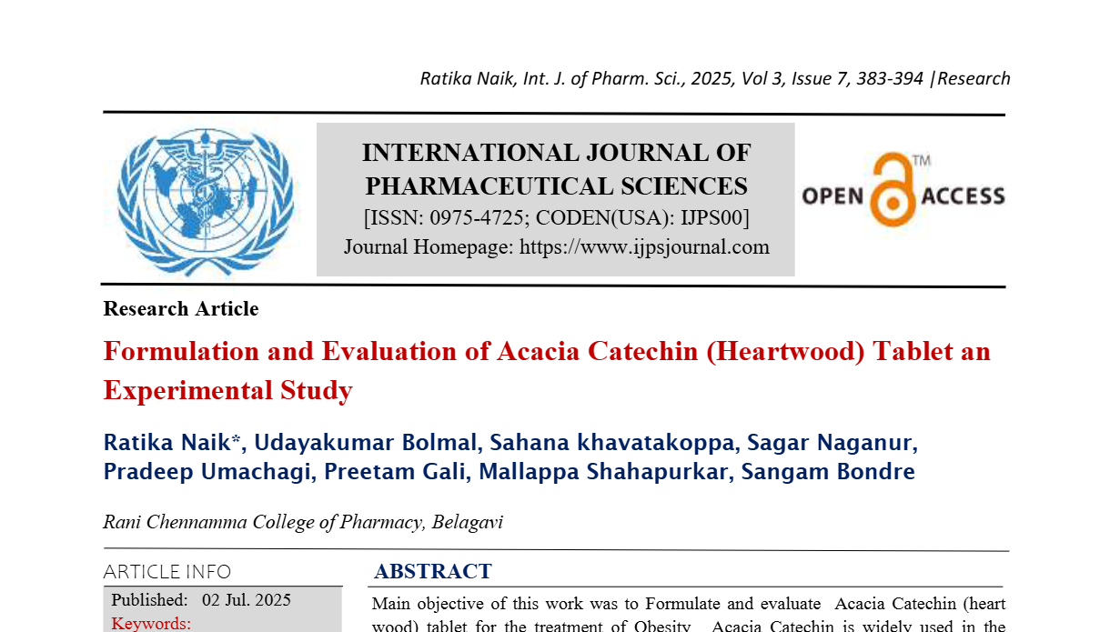 Formulation and Evaluation of Acacia Catechin (Heartwood) Tablet an Experimental Study