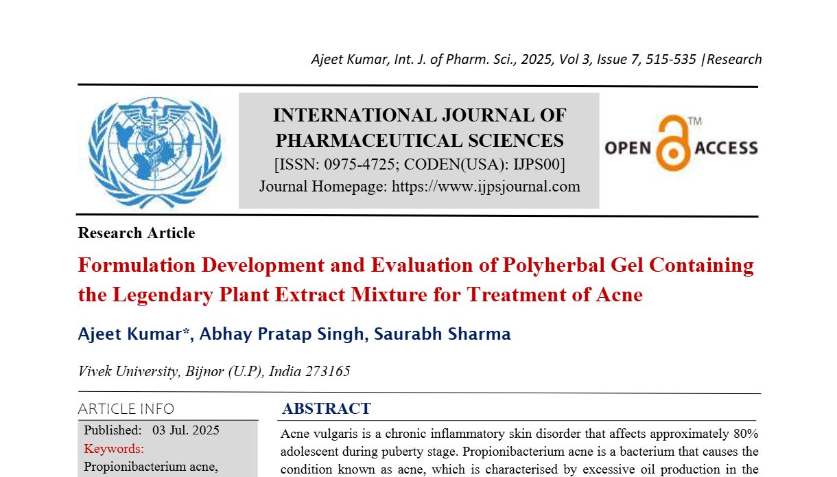 Formulation Development and Evaluation of Polyherbal Gel Containing the Legendary Plant Extract Mixture for Treatment of Acne