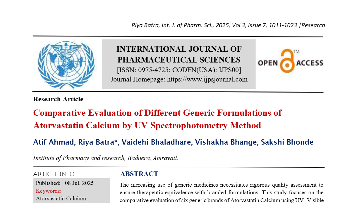 Comparative Evaluation of Different Generic Formulations of Atorvastatin Calcium by UV Spectrophotometry Method