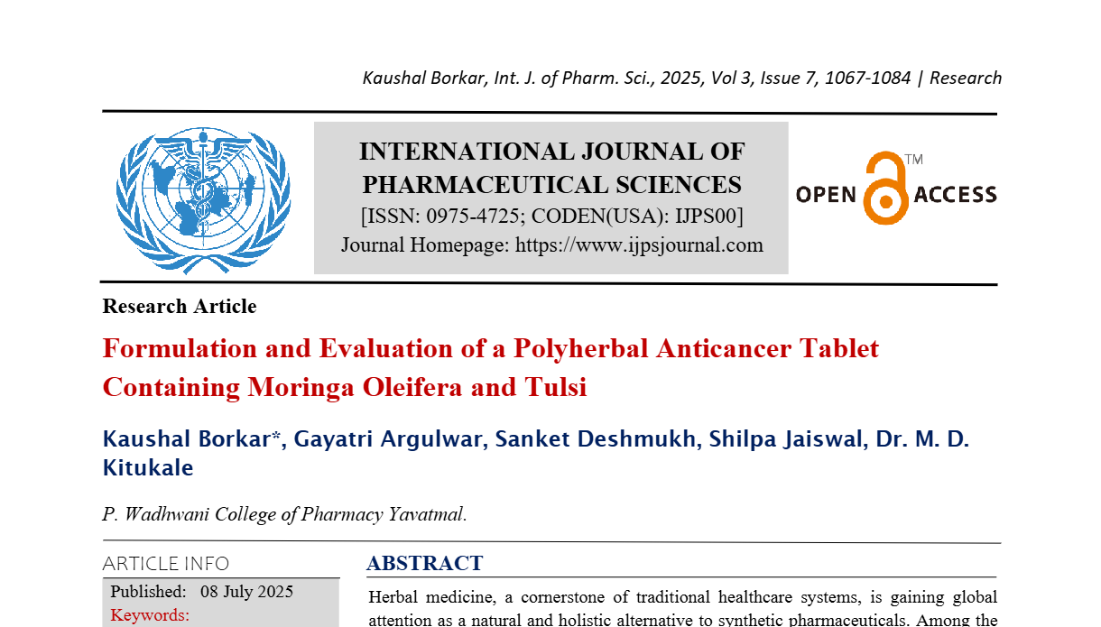 Formulation and Evaluation of a Polyherbal Anticancer Tablet Containing Moringa Oleifera and Tulsi