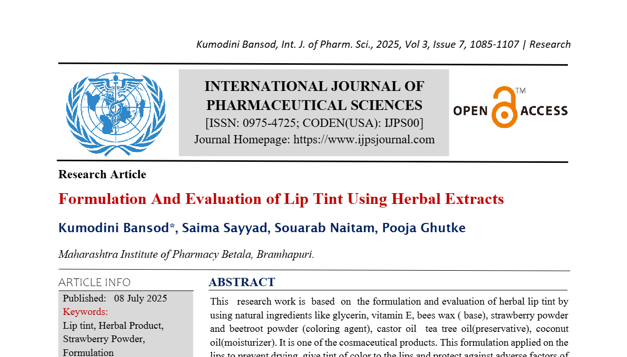 Formulation And Evaluation of Lip Tint Using Herbal Extracts