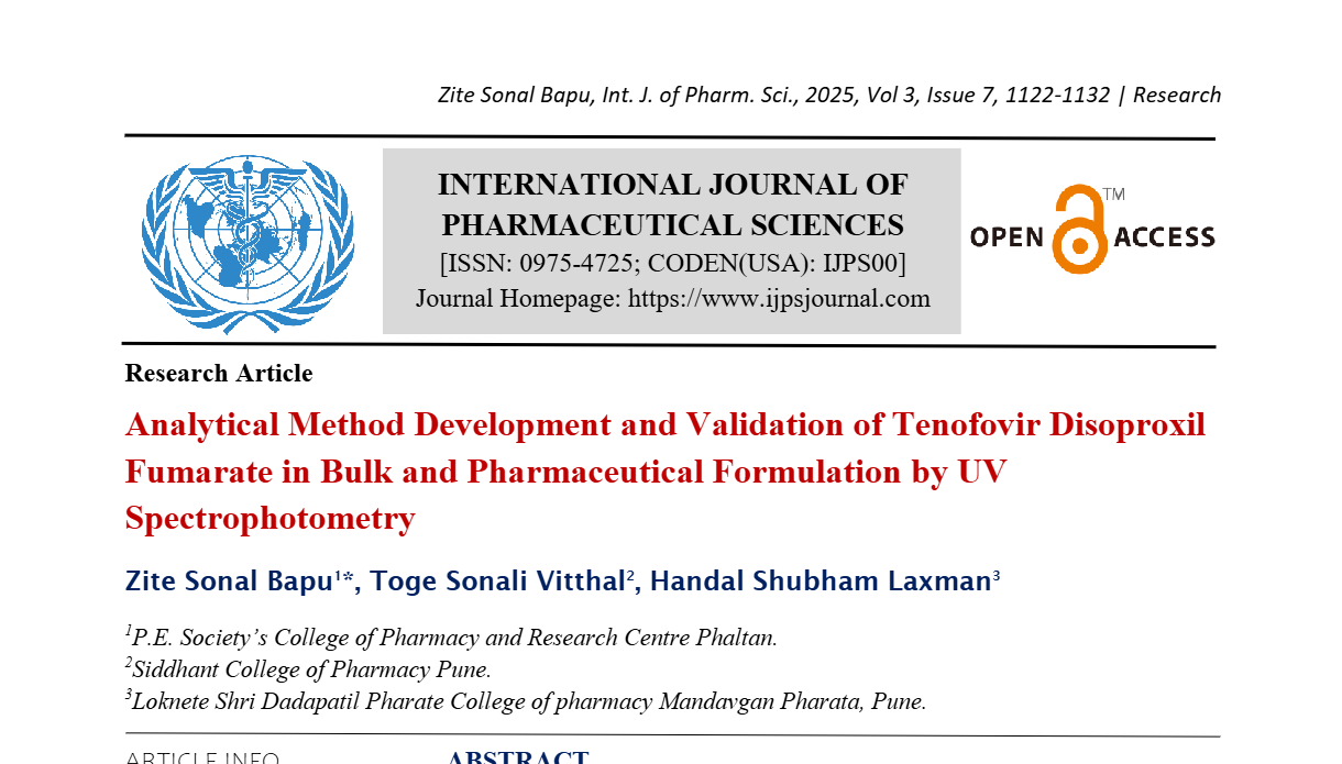 Analytical Method Development and Validation of Tenofovir Disoproxil Fumarate in Bulk and Pharmaceutical Formulation by UV Spectrophotometry