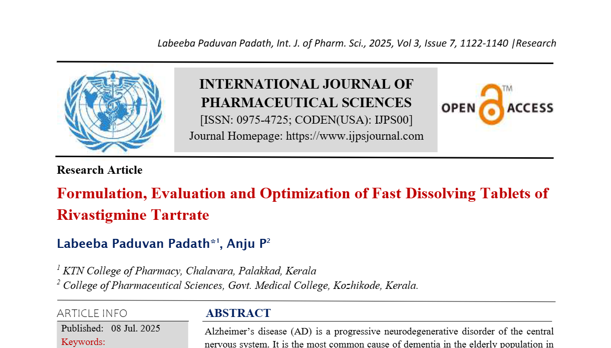 Formulation, Evaluation and Optimization of Fast Dissolving Tablets of Rivastigmine Tartrate