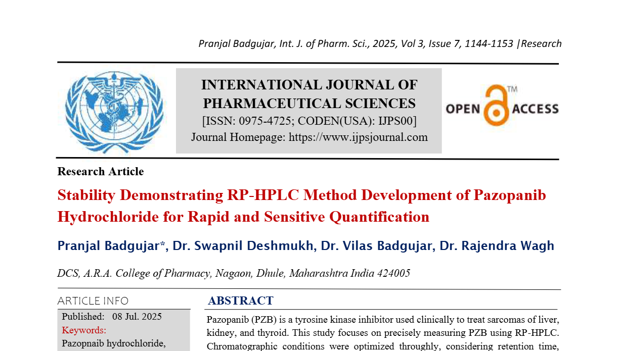 Stability Demonstrating RP-HPLC Method Development of Pazopanib Hydrochloride for Rapid and Sensitive Quantification