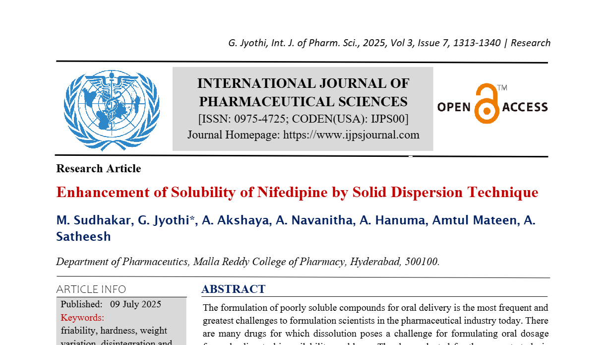 Enhancement of Solubility of Nifedipine by Solid Dispersion Technique