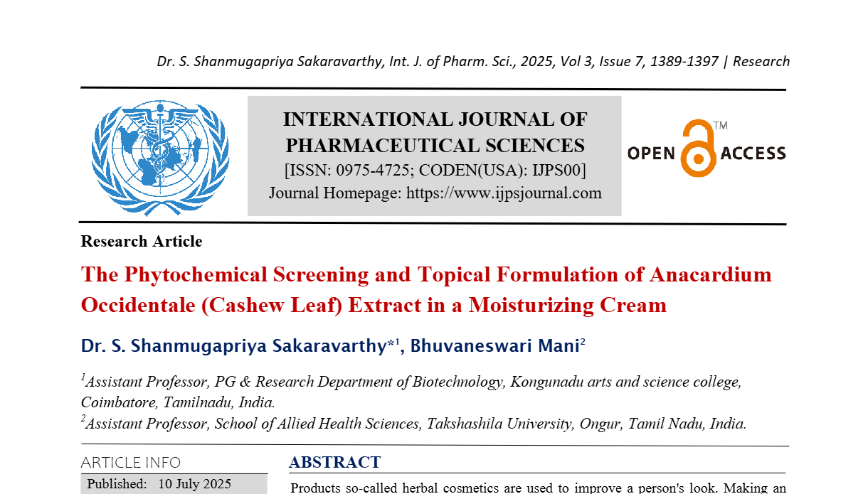 The Phytochemical Screening and Topical Formulation of Anacardium Occidentale (Cashew Leaf) Extract in a Moisturizing Cream