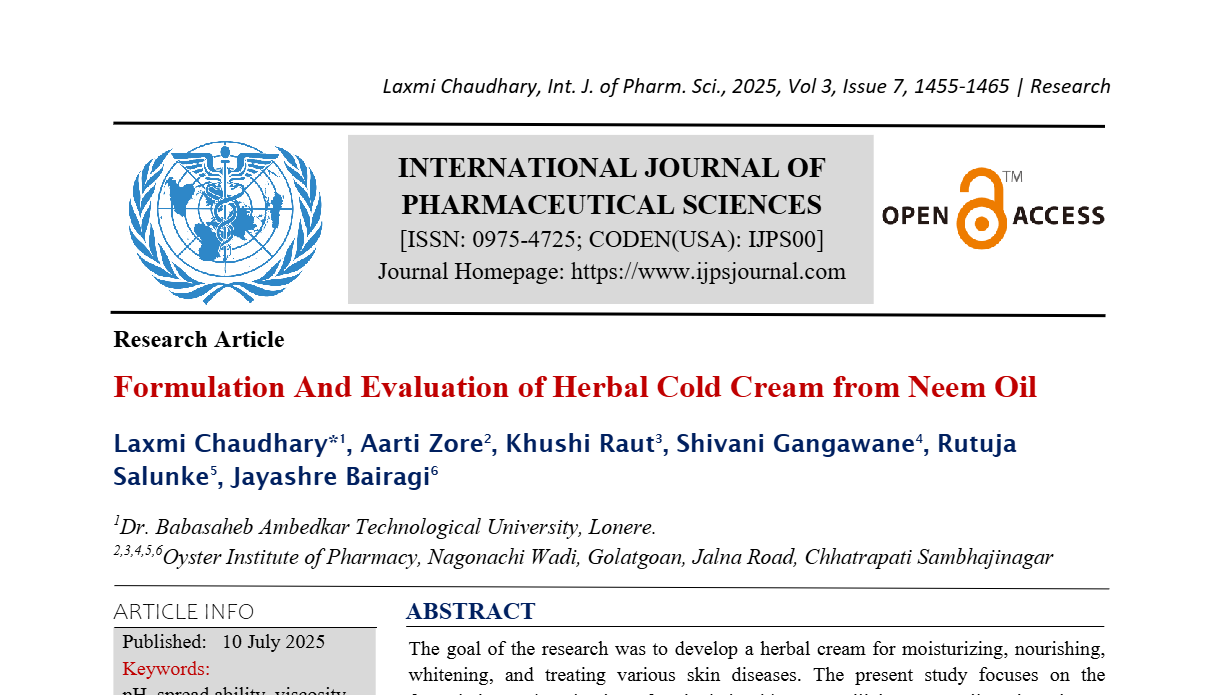 Formulation And Evaluation of Herbal Cold Cream from Neem Oil