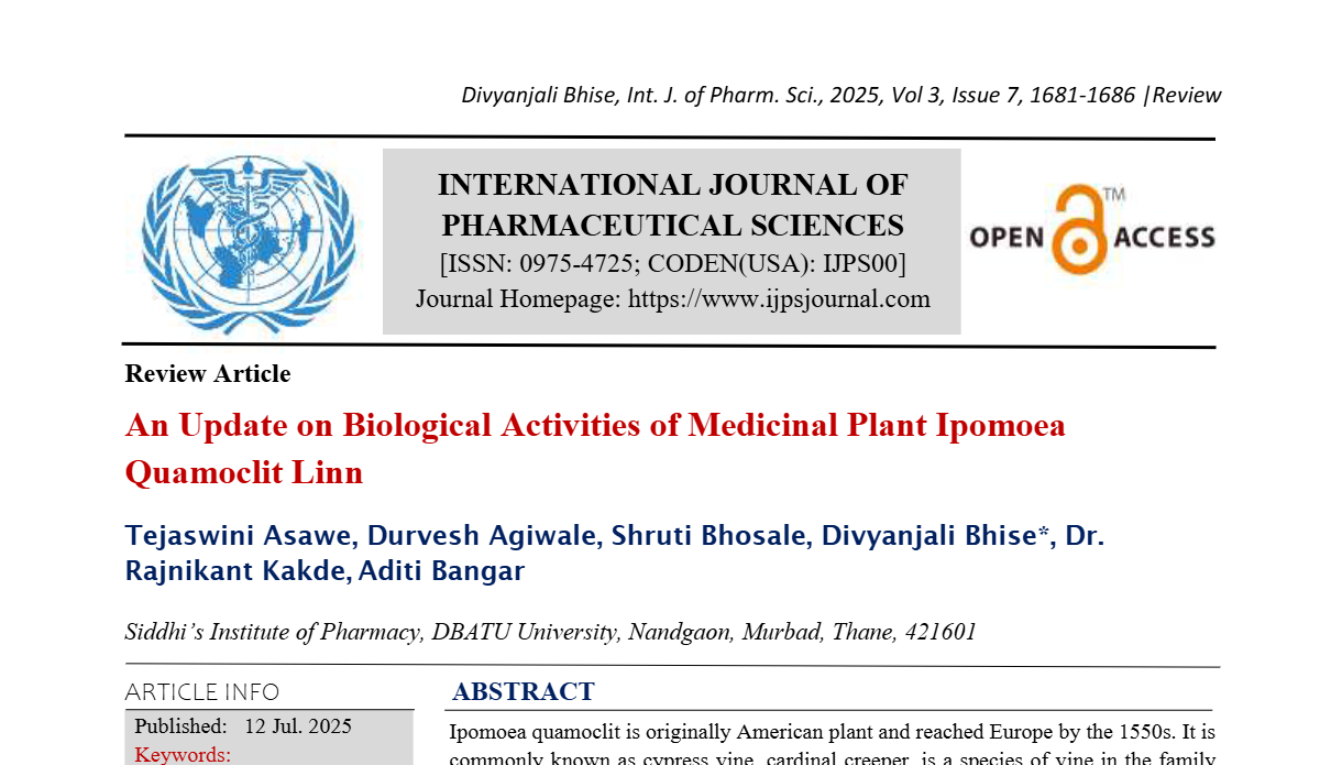 An Update on Biological Activities of Medicinal Plant Ipomoea Quamoclit Linn