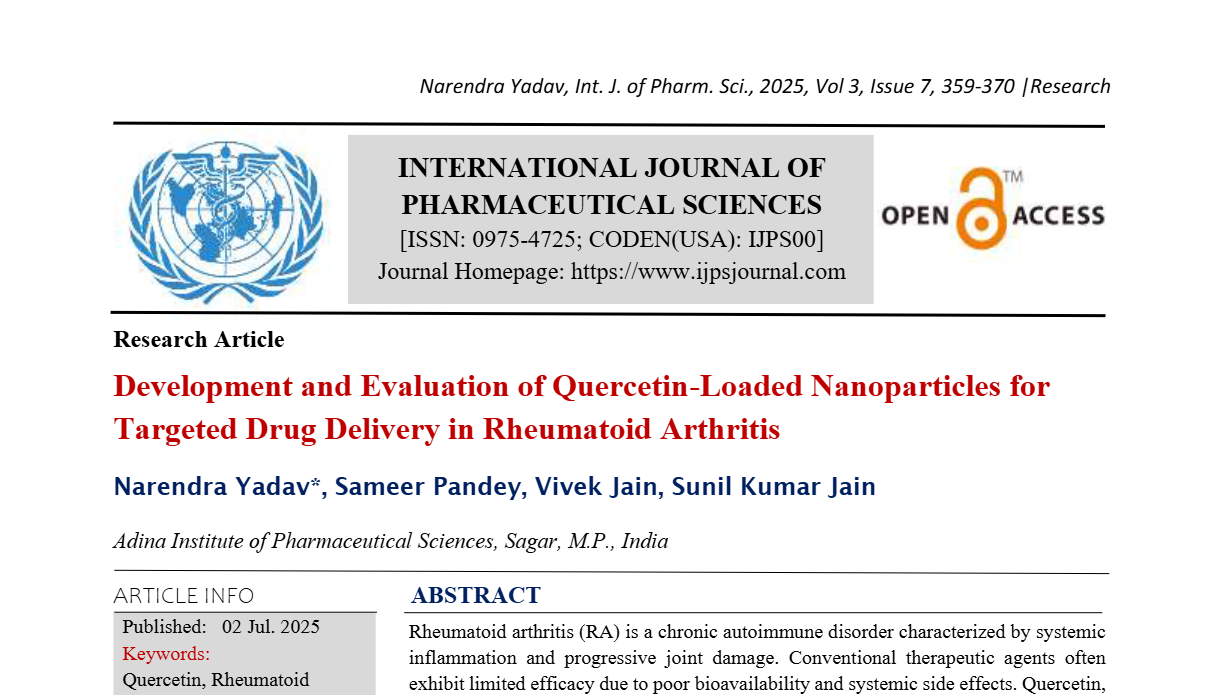 Development and Evaluation of Quercetin-Loaded Nanoparticles for Targeted Drug Delivery in Rheumatoid Arthritis