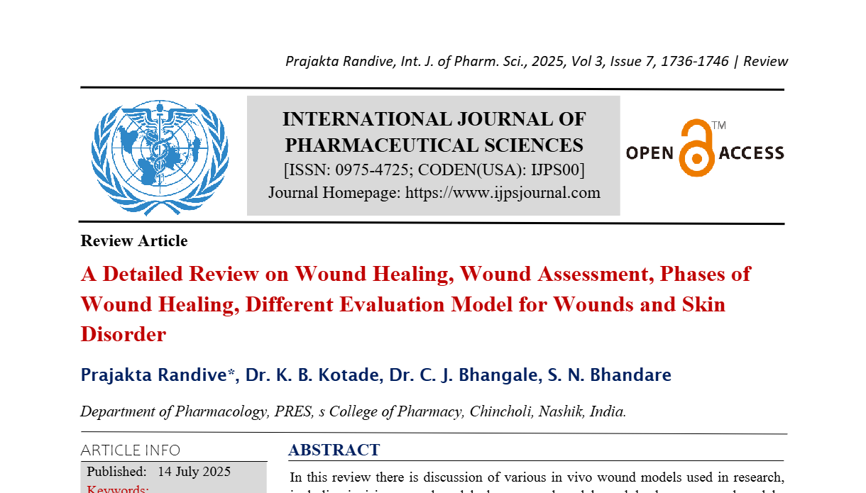 A Detailed Review on Wound Healing, Wound Assessment, Phases of Wound Healing, Different Evaluation Model for Wounds and Skin Disorder