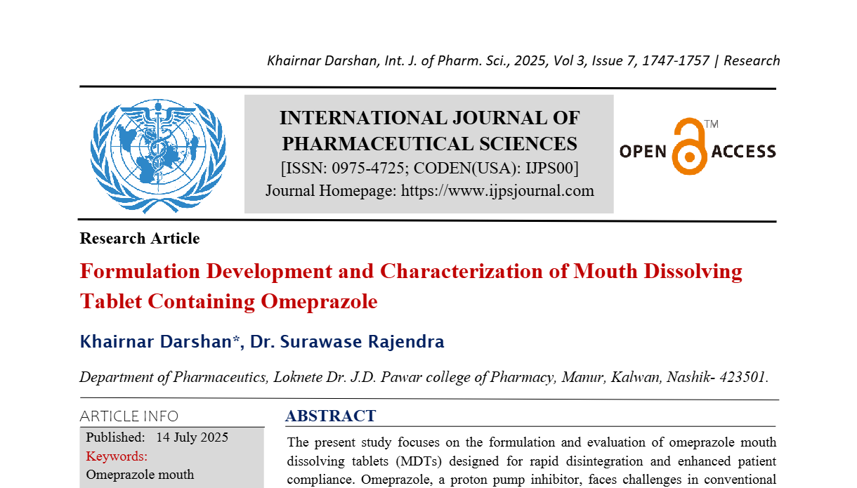 Formulation Development and Characterization of Mouth Dissolving Tablet Containing Omeprazole