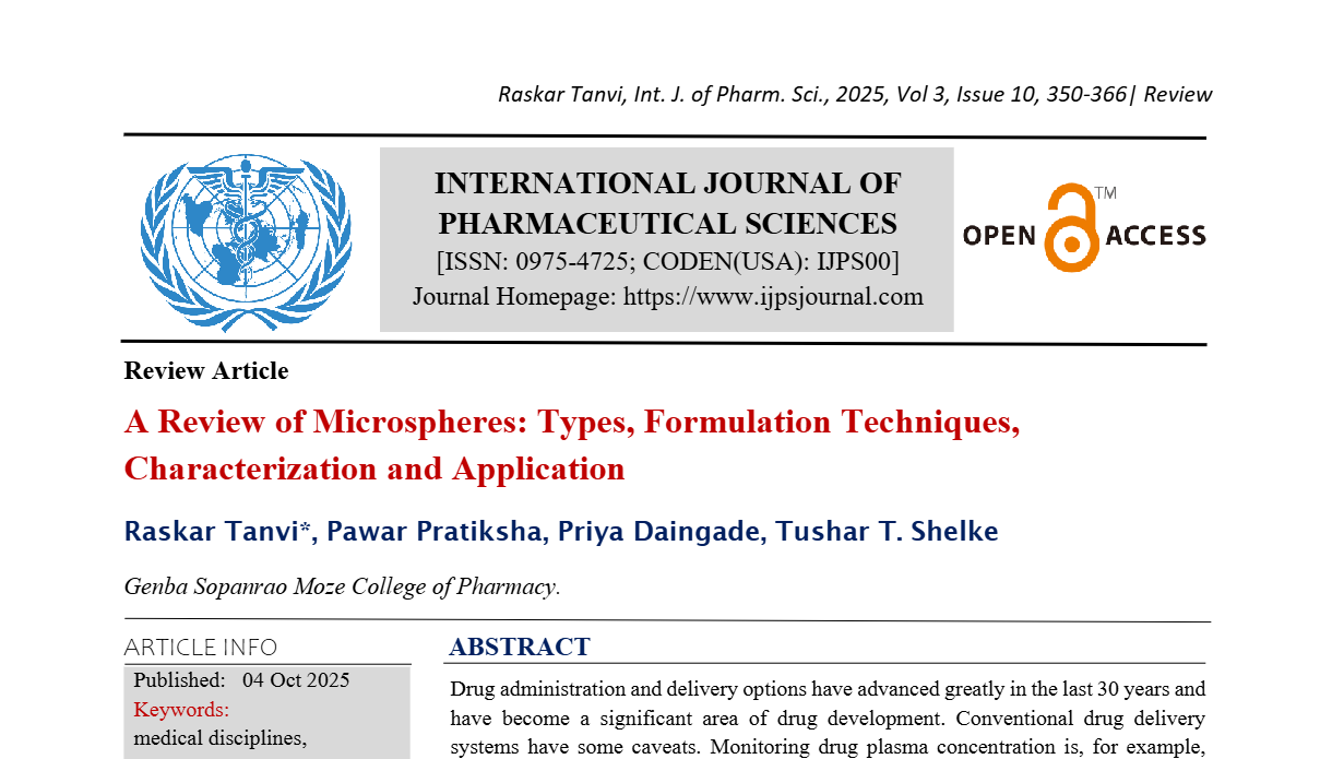 A Review of Microspheres: Types, Formulation Techniques, Characterization and Application