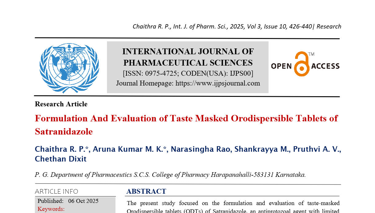 Formulation And Evaluation of Taste Masked Orodispersible Tablets of Satranidazole