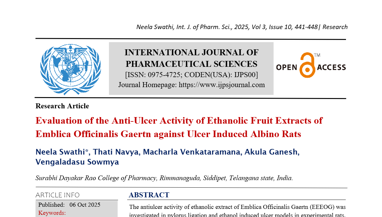 Evaluation of the Anti-Ulcer Activity of Ethanolic Fruit Extracts of Emblica Officinalis Gaertn against Ulcer Induced Albino Rats